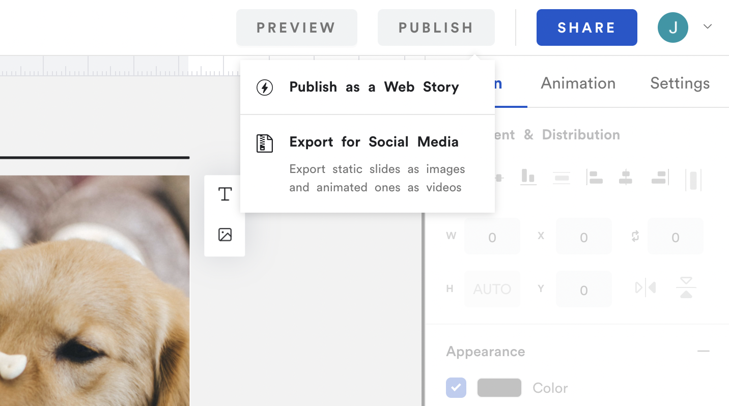 Screenshot of MakeStories' export feature